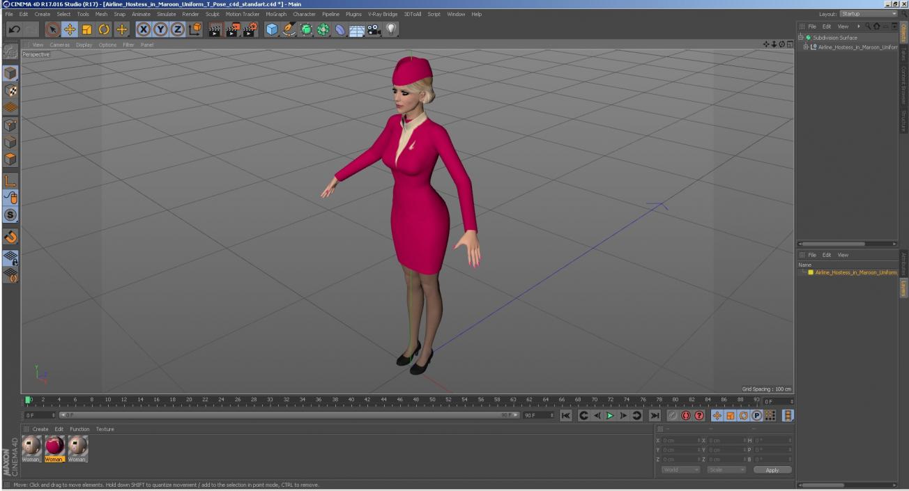 3D model Airline Hostess in Maroon Uniform T Pose