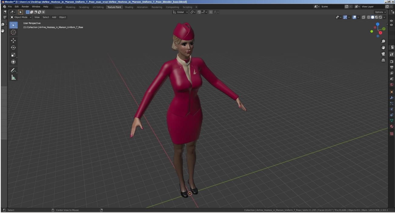 3D model Airline Hostess in Maroon Uniform T Pose