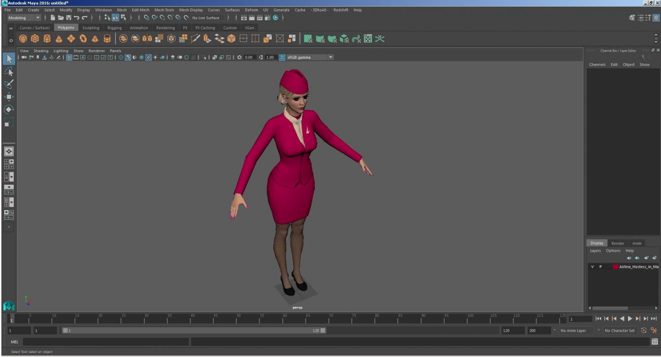 3D model Airline Hostess in Maroon Uniform T Pose