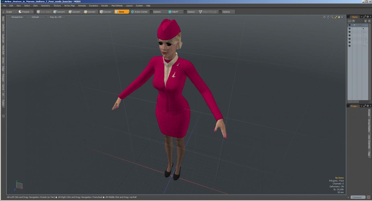 3D model Airline Hostess in Maroon Uniform T Pose