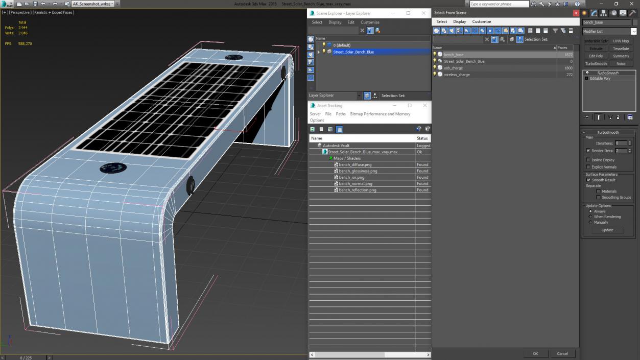 3D Street Solar Bench Blue model