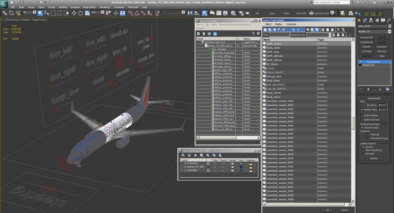 3D Boeing 737-900 with Interior and Cockpit Southwest Airlines Rigged