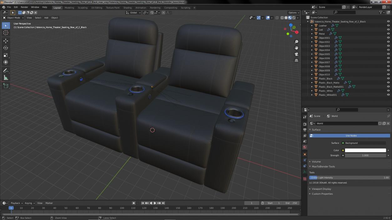 Valencia Home Theater Seating Row of 2 Black 3D model