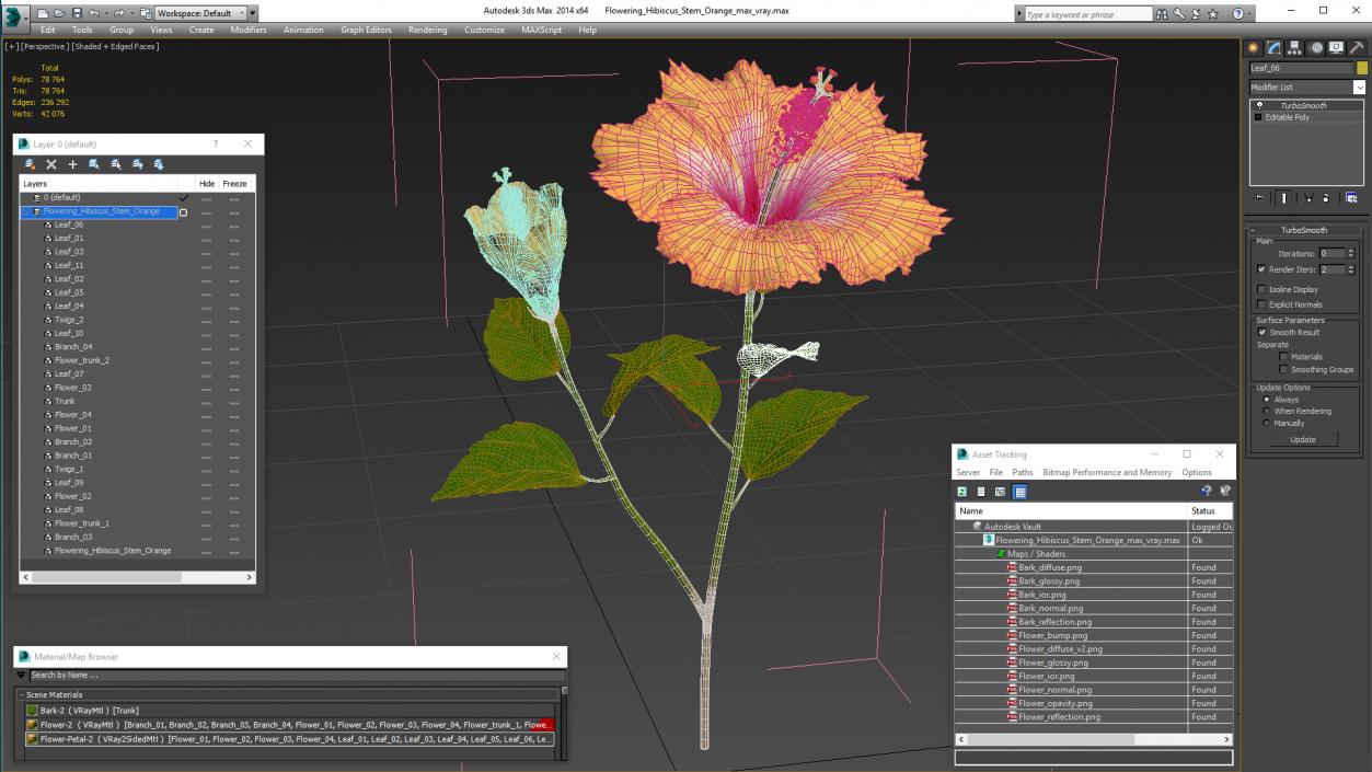 3D model Flowering Hibiscus Stem Orange