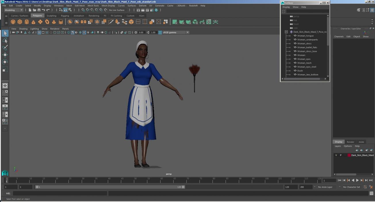 Dark Skin Black Maid T Pose 3D