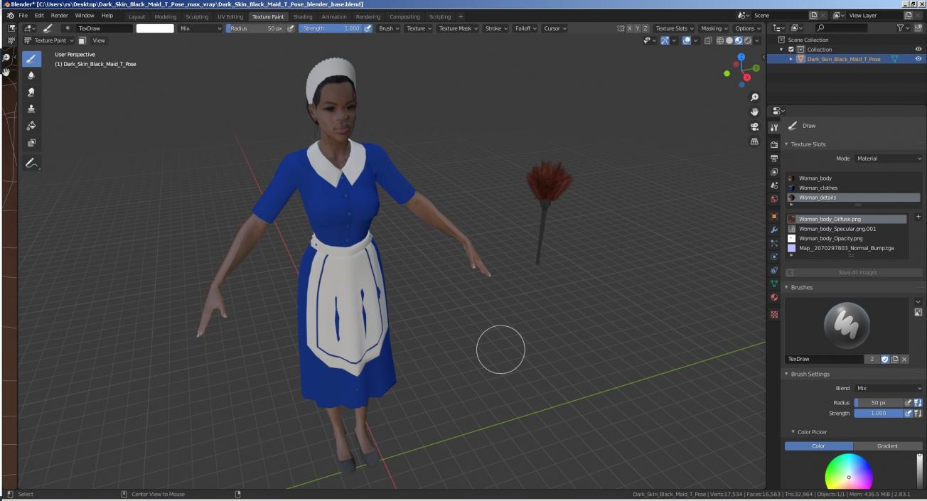 Dark Skin Black Maid T Pose 3D