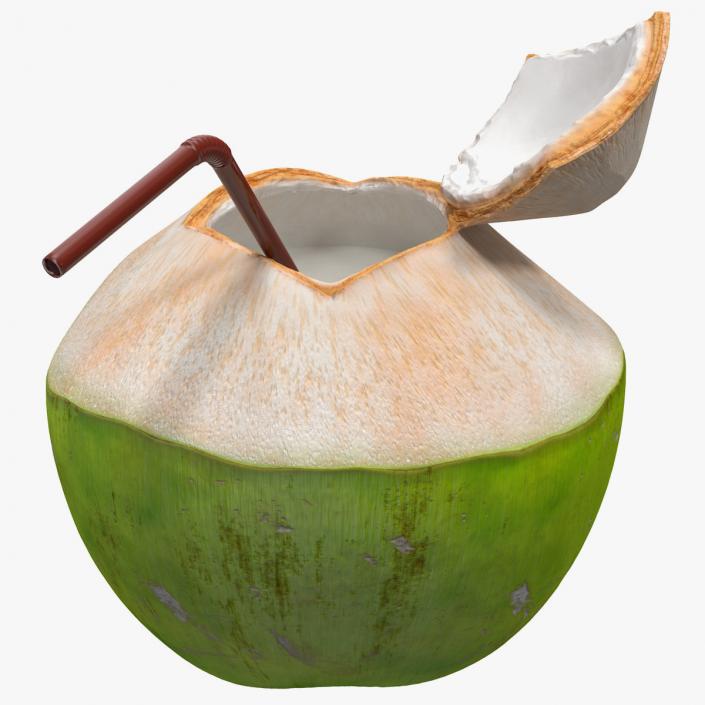 3D Opened Green Coconut with Straw