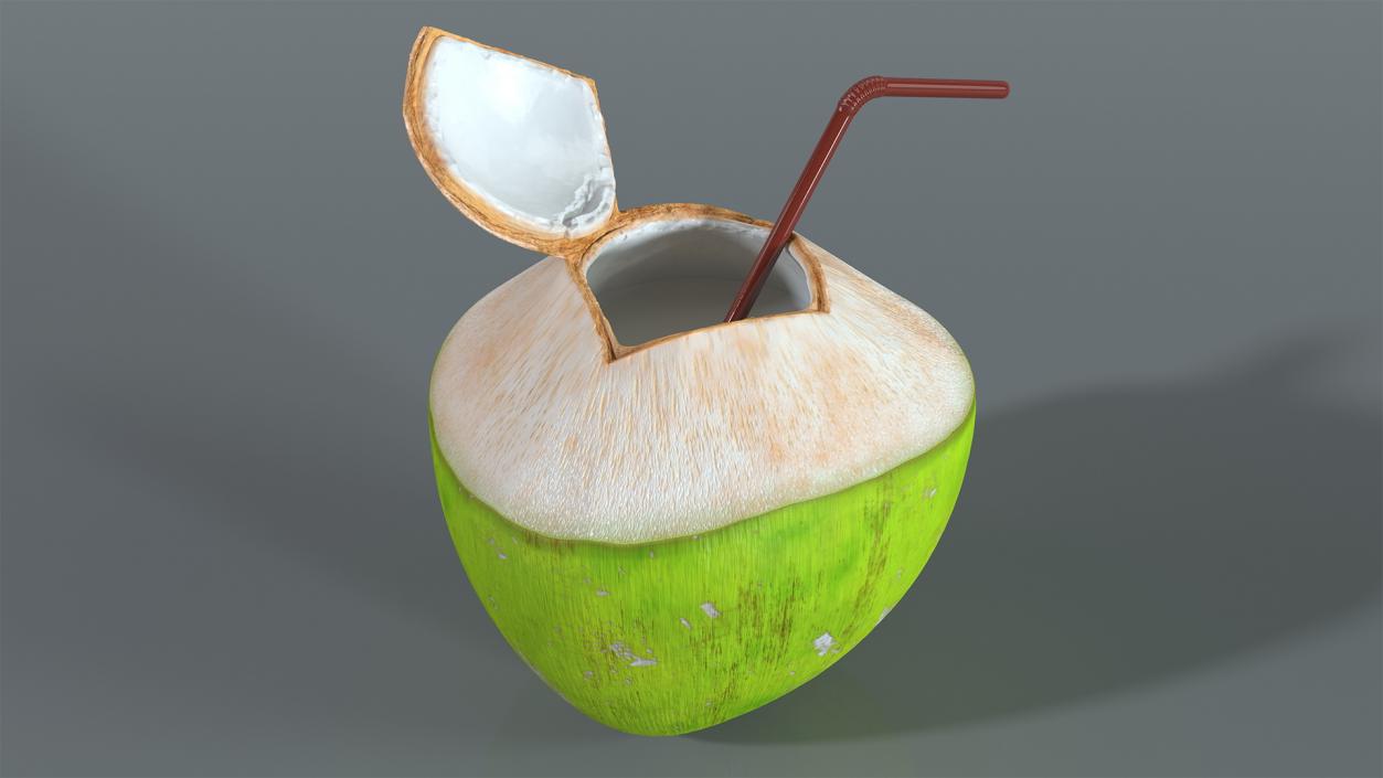 3D Opened Green Coconut with Straw