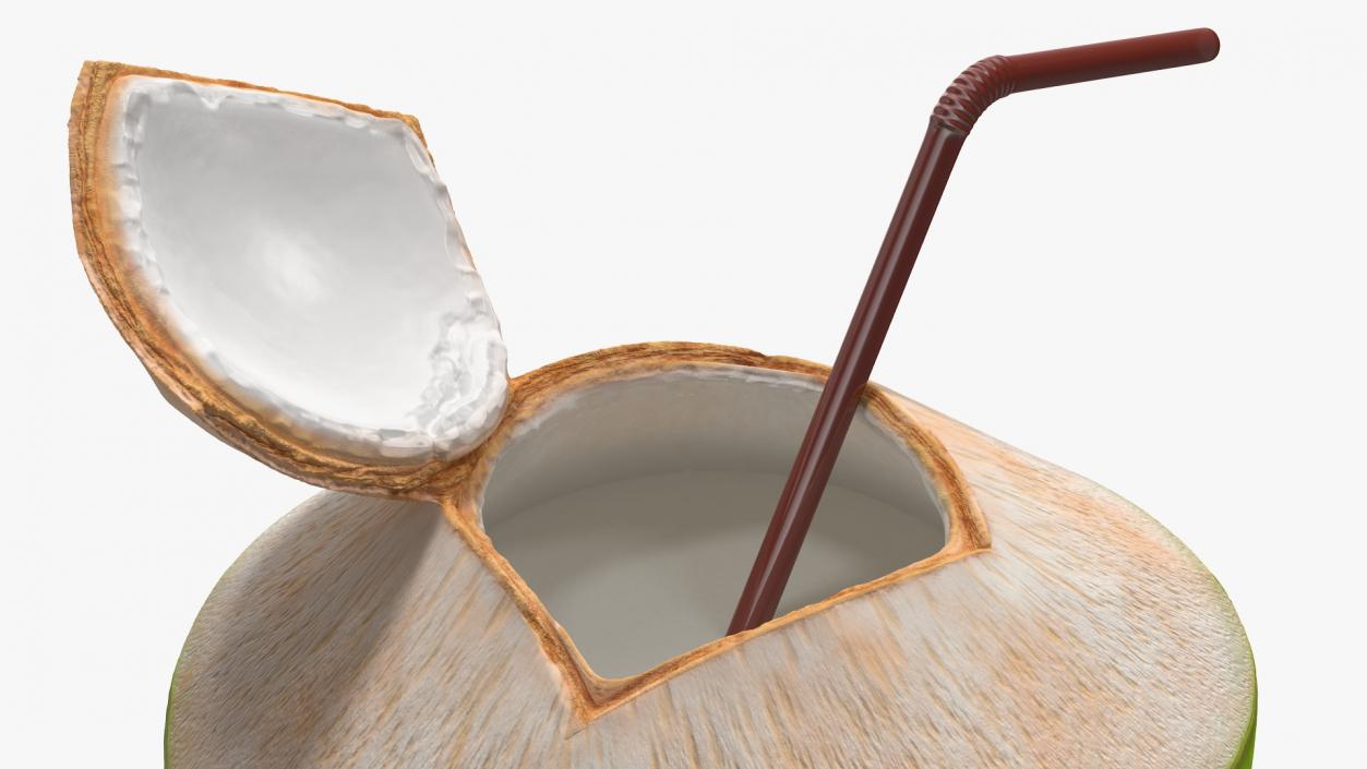 3D Opened Green Coconut with Straw