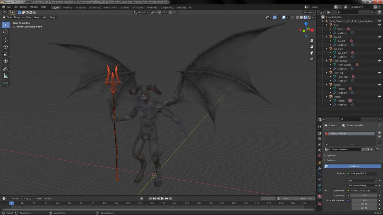 3D Devil Character with Trident Neutral Pose