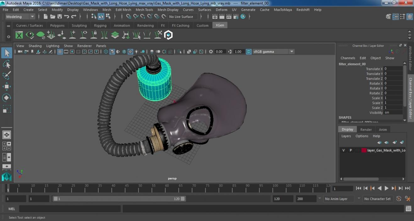 Gas Mask with Long Hose Lying 3D model