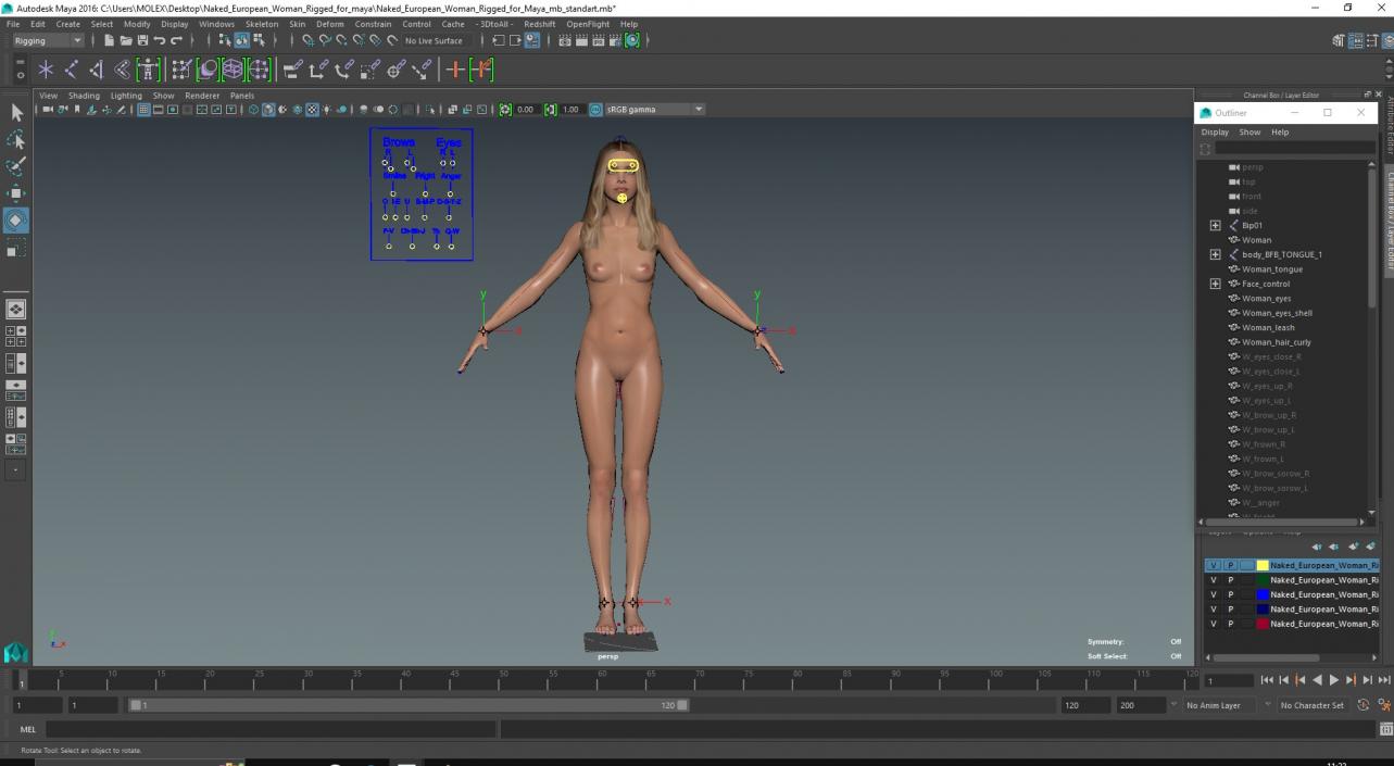 3D Naked European Woman Rigged for Maya