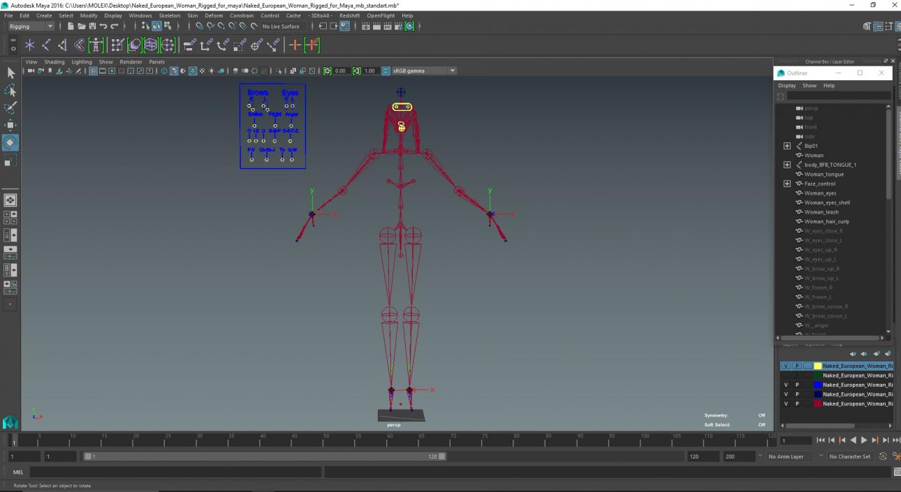 3D Naked European Woman Rigged for Maya