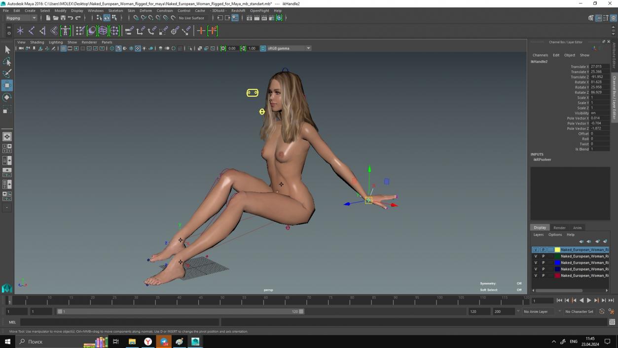 3D Naked European Woman Rigged for Maya