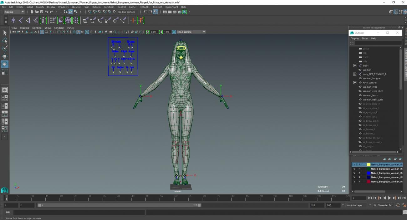 3D Naked European Woman Rigged for Maya