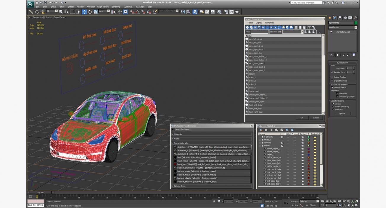 Tesla Model Y Red Rigged 3D model