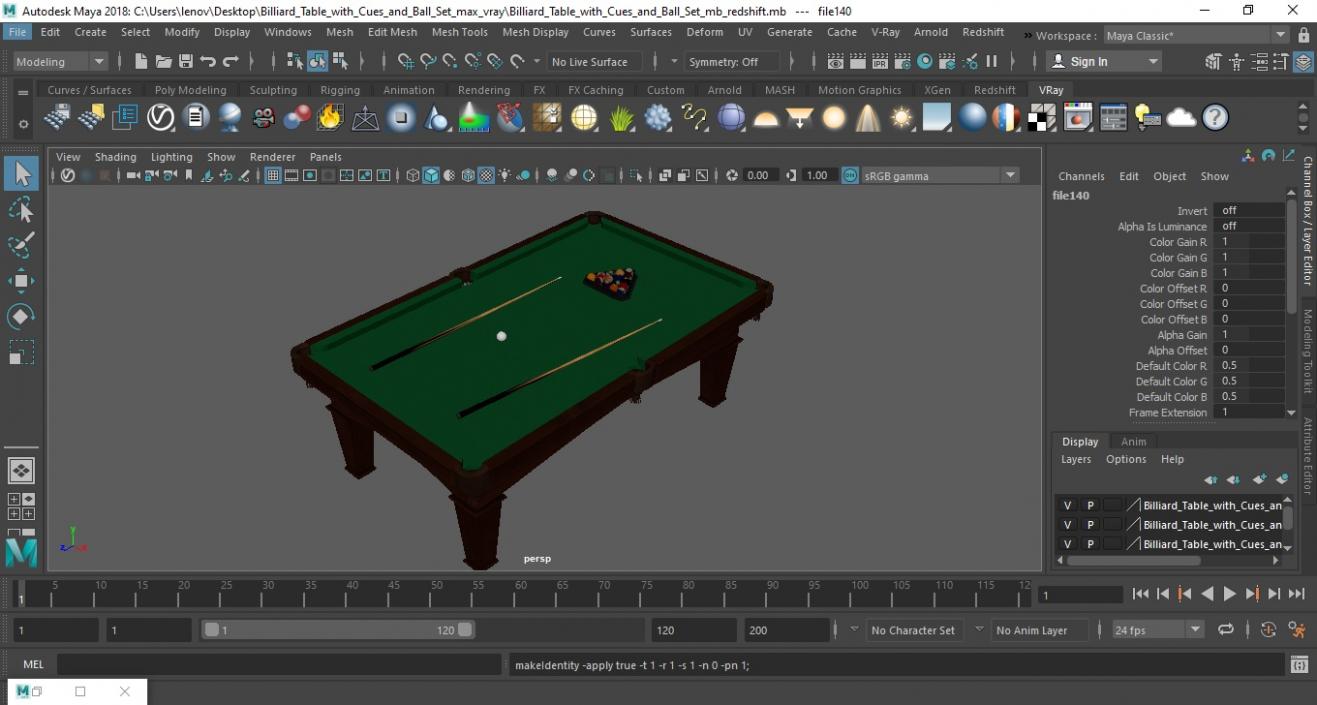 Billiard Table with Cues and Ball Set 3D