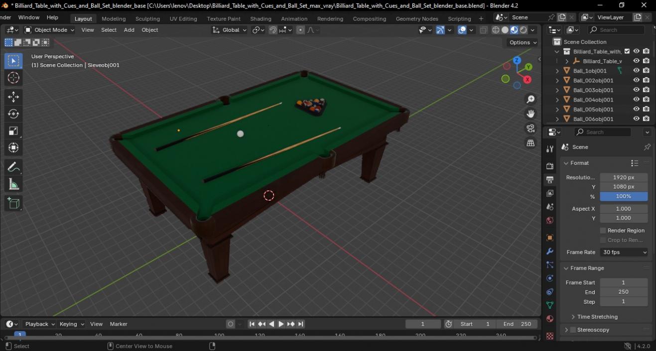 Billiard Table with Cues and Ball Set 3D