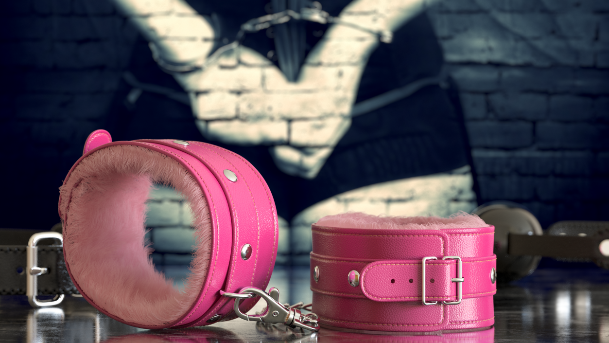 3D Pink Leather Wrist Cuffs with Fur model