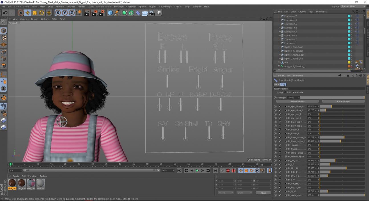 Young Black Girl a Denim Jumpsuit Rigged for Cinema 4D 3D model