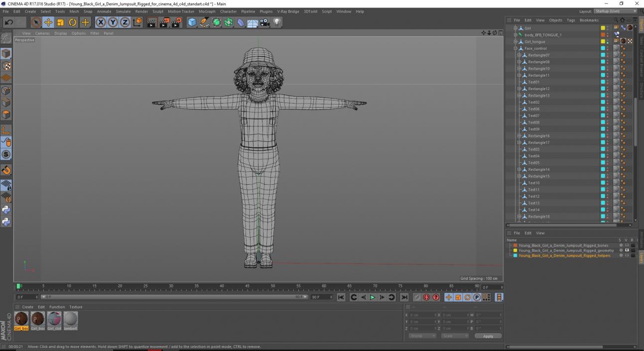 Young Black Girl a Denim Jumpsuit Rigged for Cinema 4D 3D model