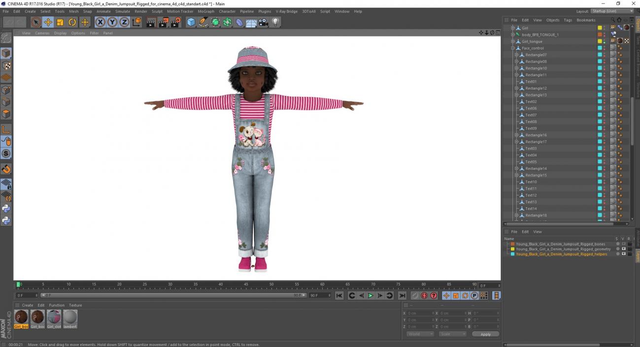 Young Black Girl a Denim Jumpsuit Rigged for Cinema 4D 3D model