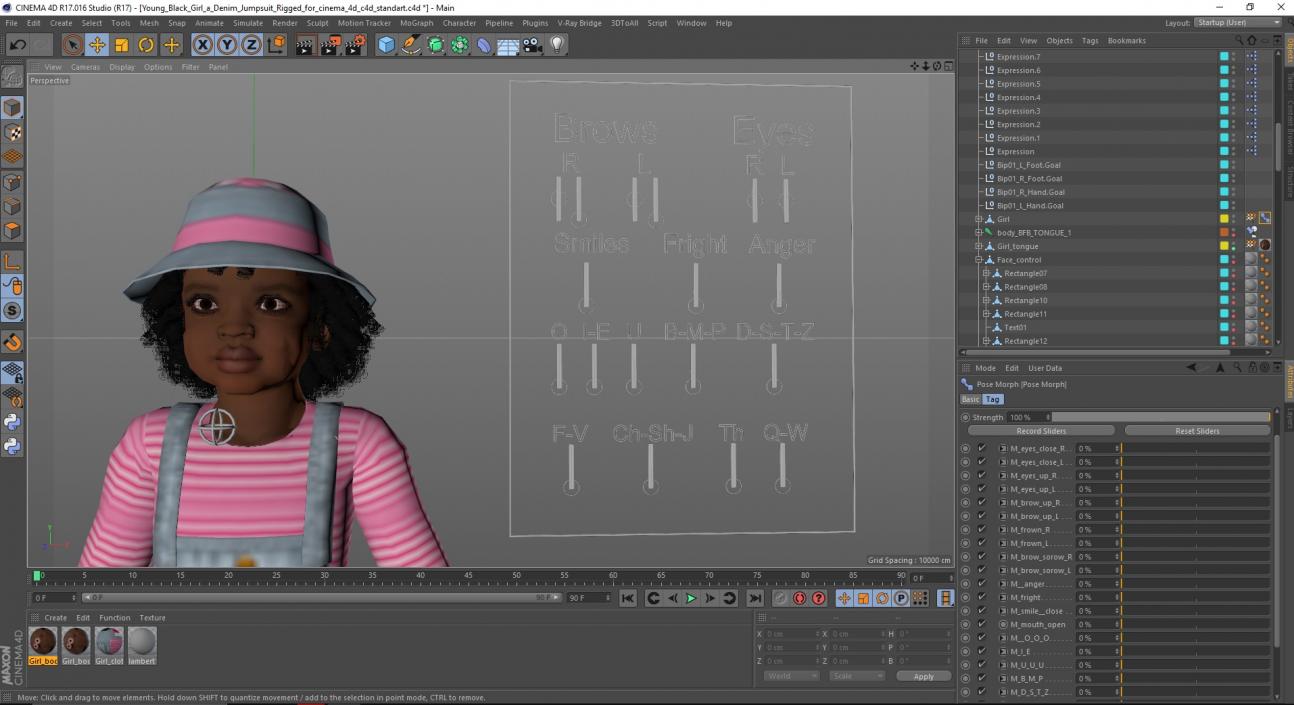 Young Black Girl a Denim Jumpsuit Rigged for Cinema 4D 3D model