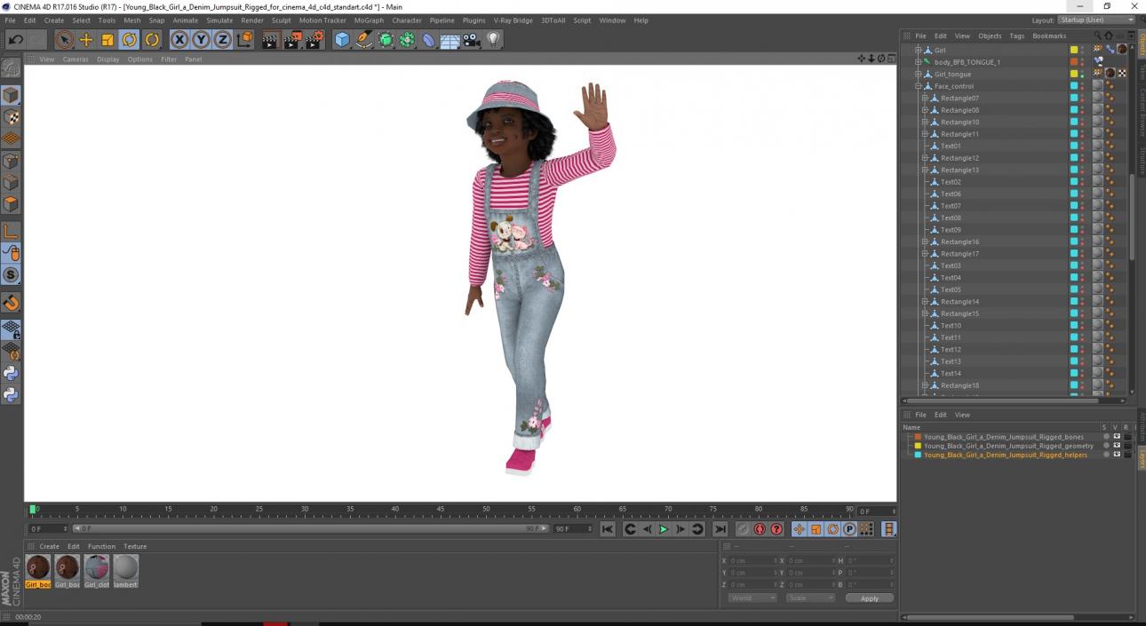 Young Black Girl a Denim Jumpsuit Rigged for Cinema 4D 3D model