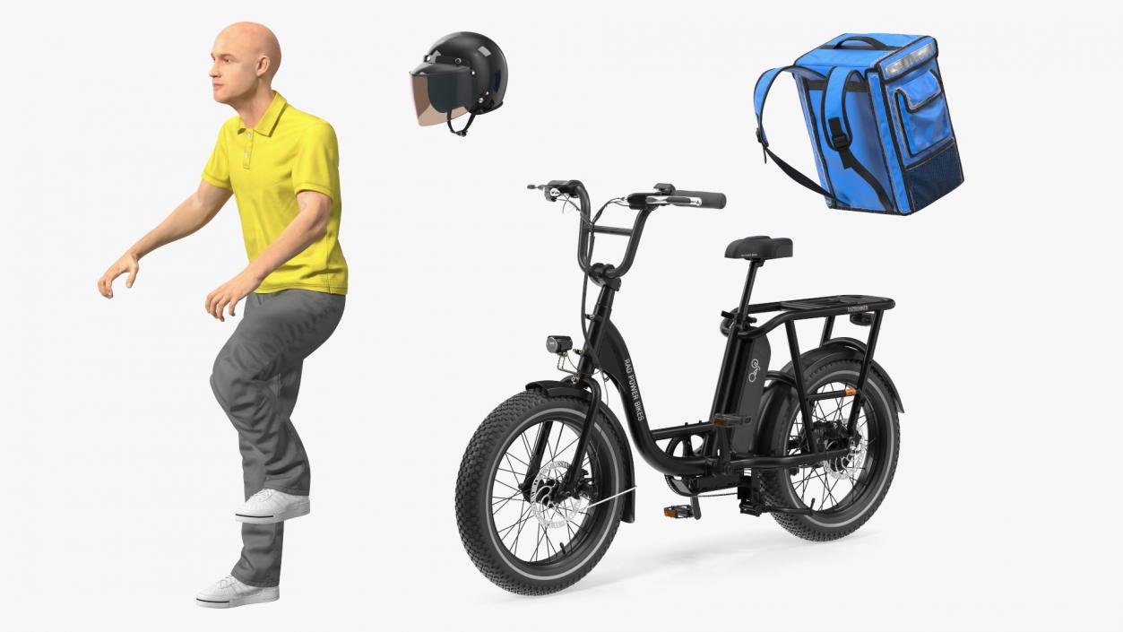 Deliveryman Riding E-Bike RadRunner Rigged 3D