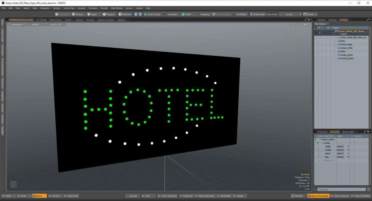 3D Green Hotel LED Neon Sign ON model