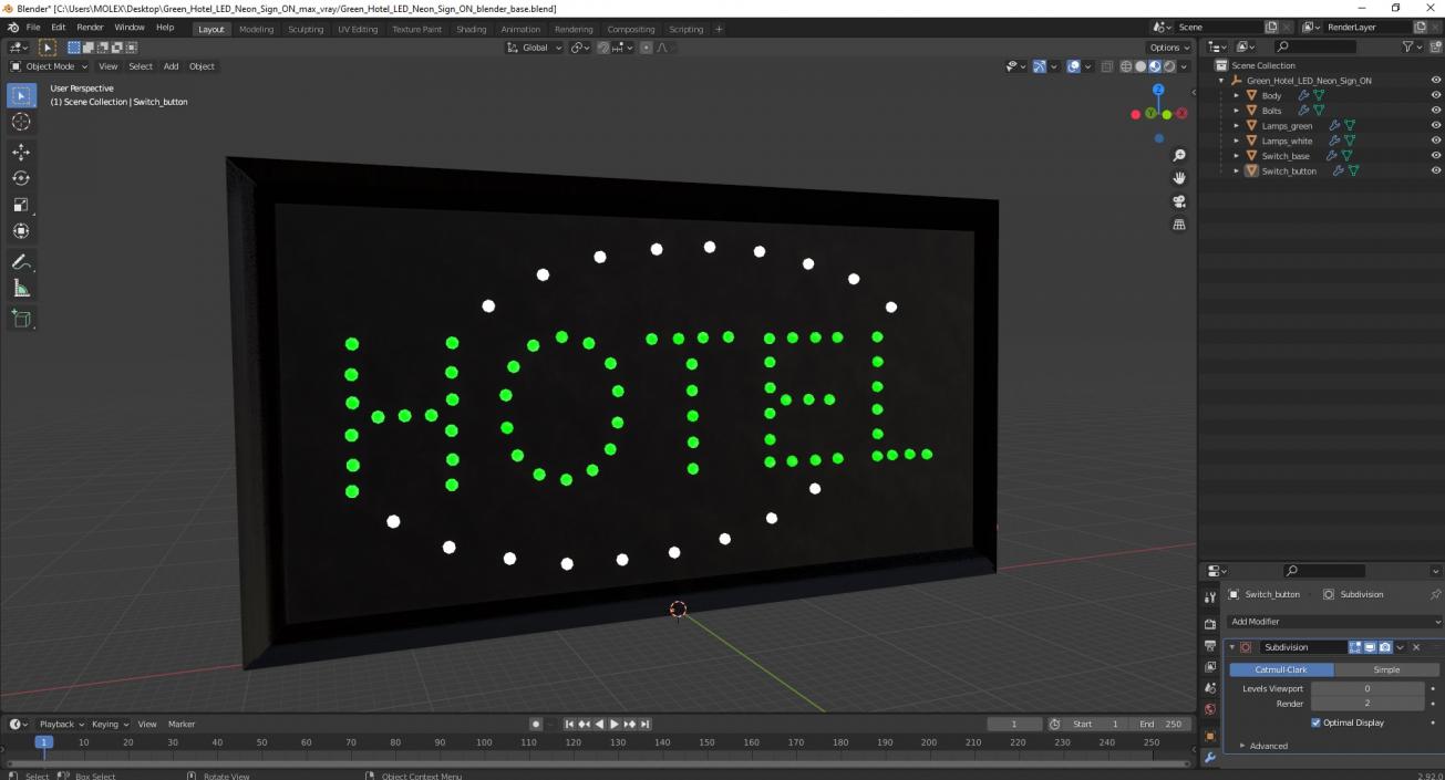 3D Green Hotel LED Neon Sign ON model