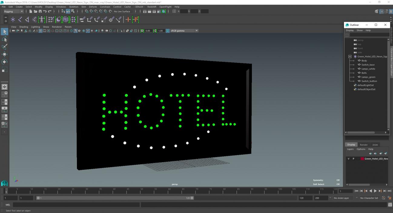 3D Green Hotel LED Neon Sign ON model