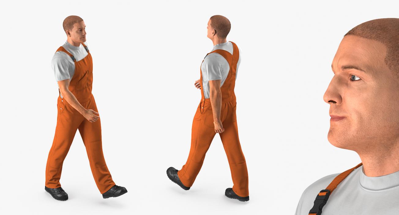 3D model Builder Wearing Orange Coveralls Walking Pose