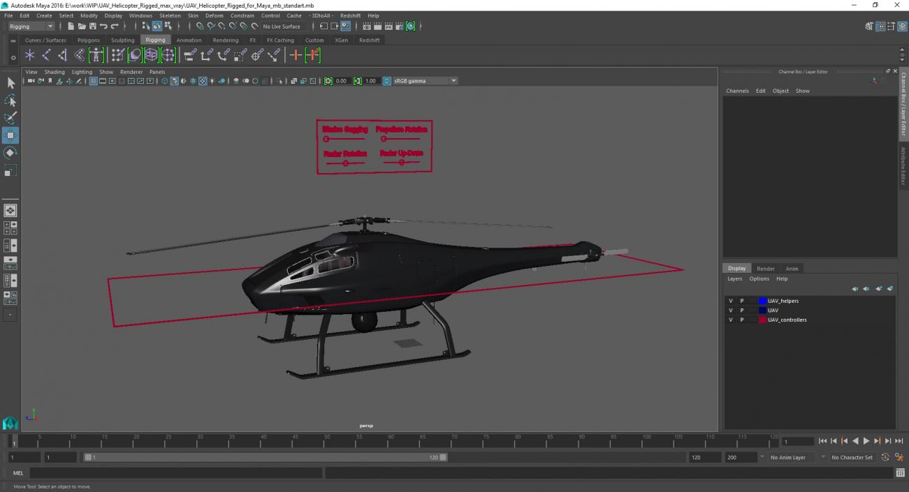 3D model UAV Helicopter Rigged for Maya