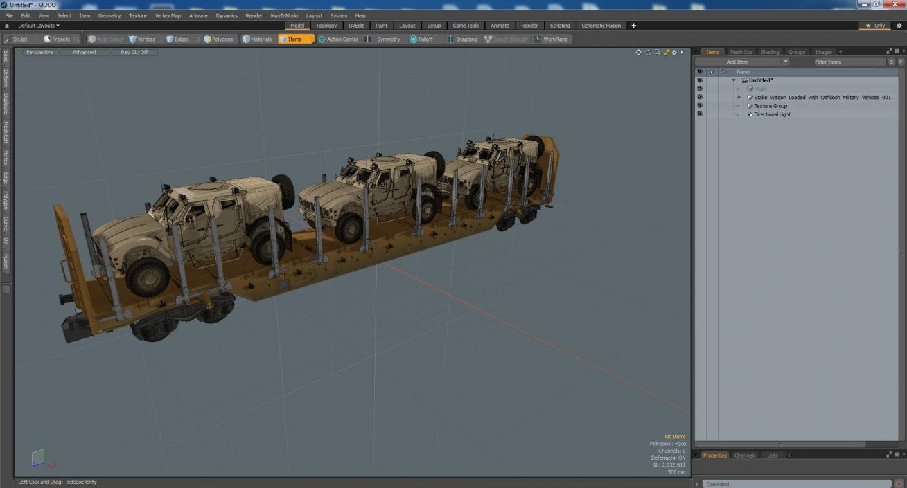 Stake Wagon Loaded with Oshkosh Military Vehicles 3D model