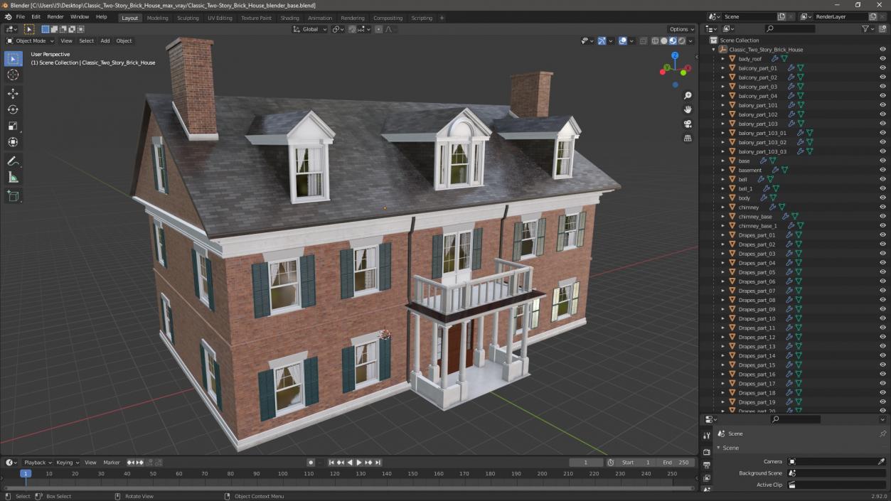 Classic Two-Story Brick House 3D model