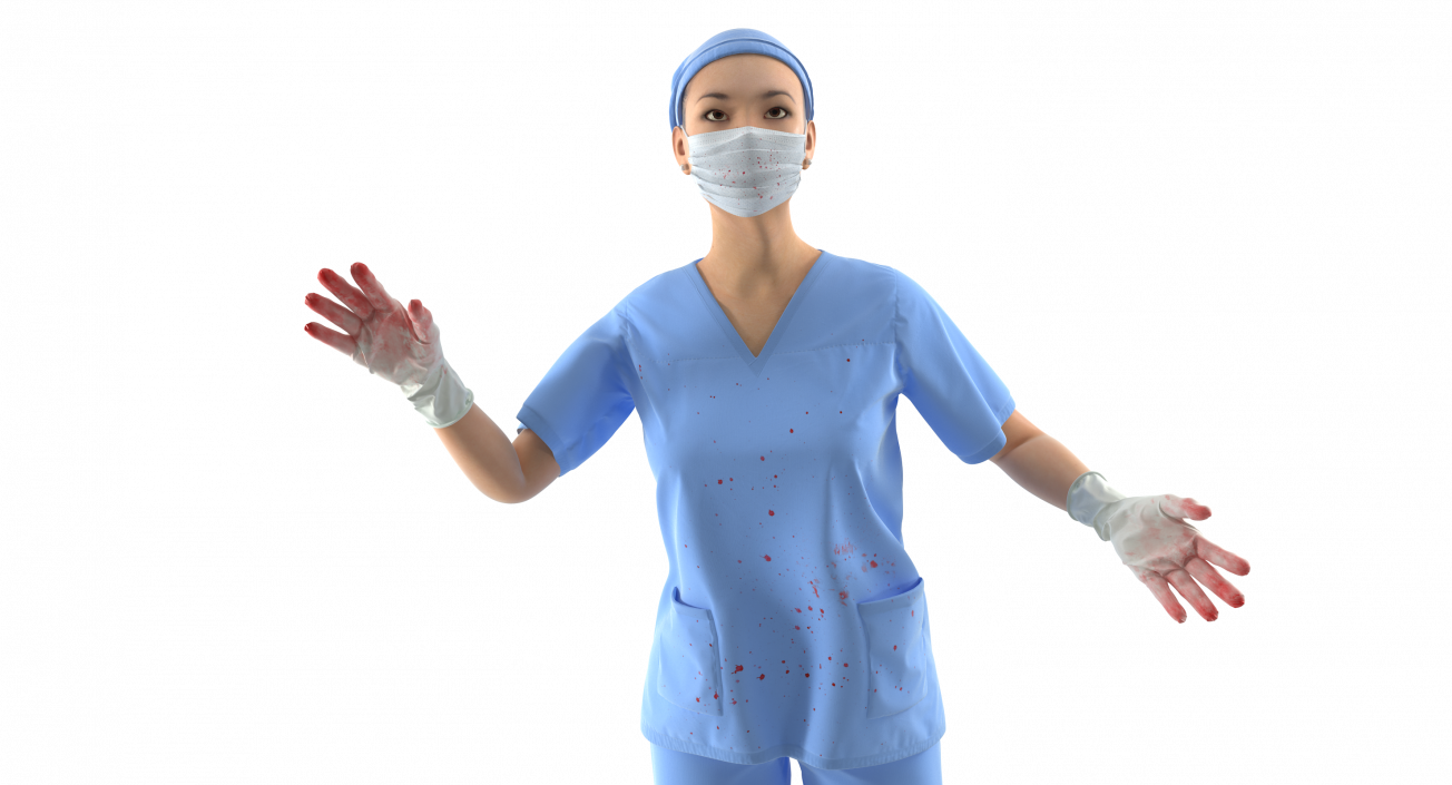 3D Asian Female Surgeon Stained with Blood Rigged