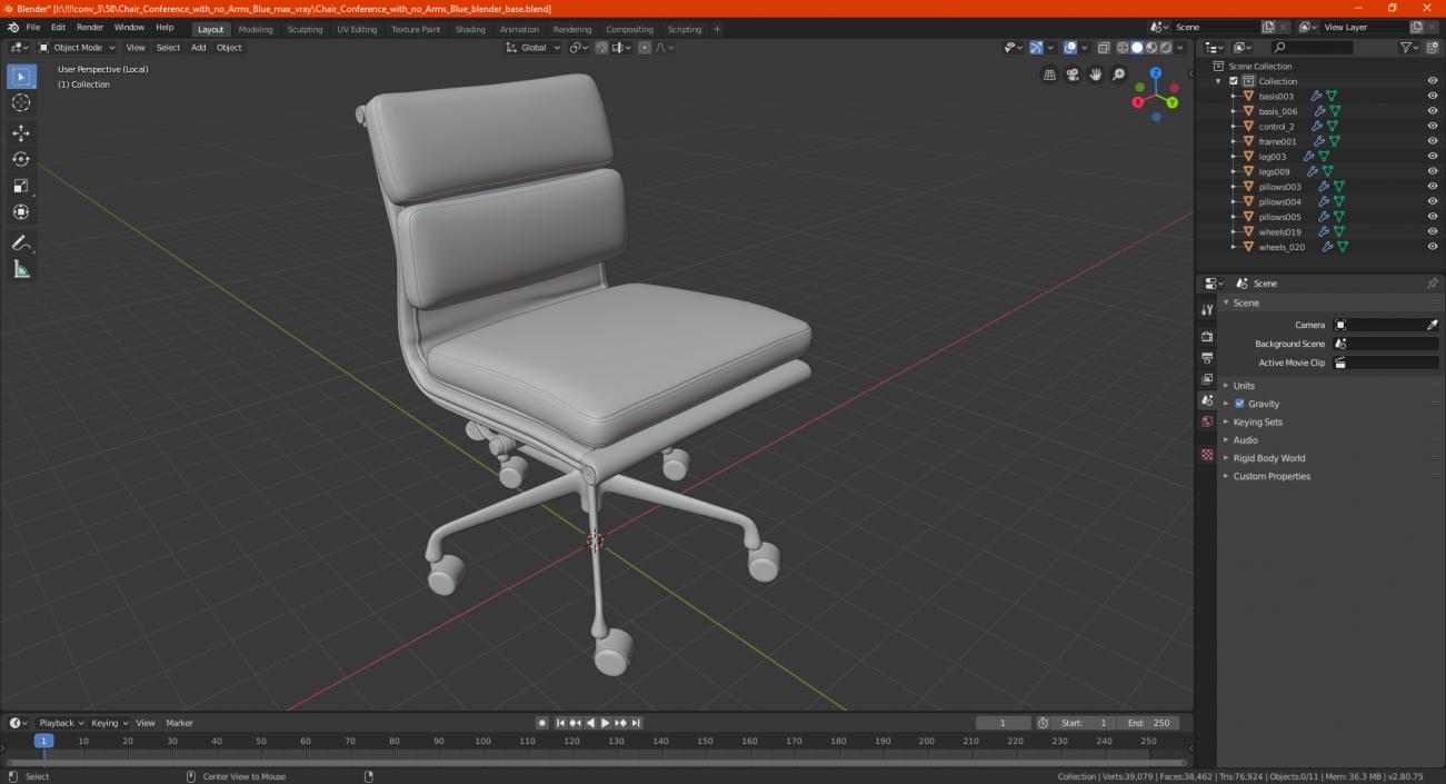 Chair Conference with no Arms Blue 3D model