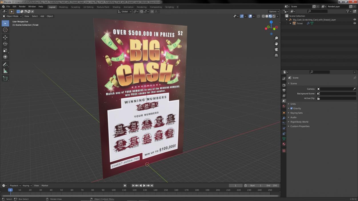 Big Cash Scratching Card with Erased Layer 3D