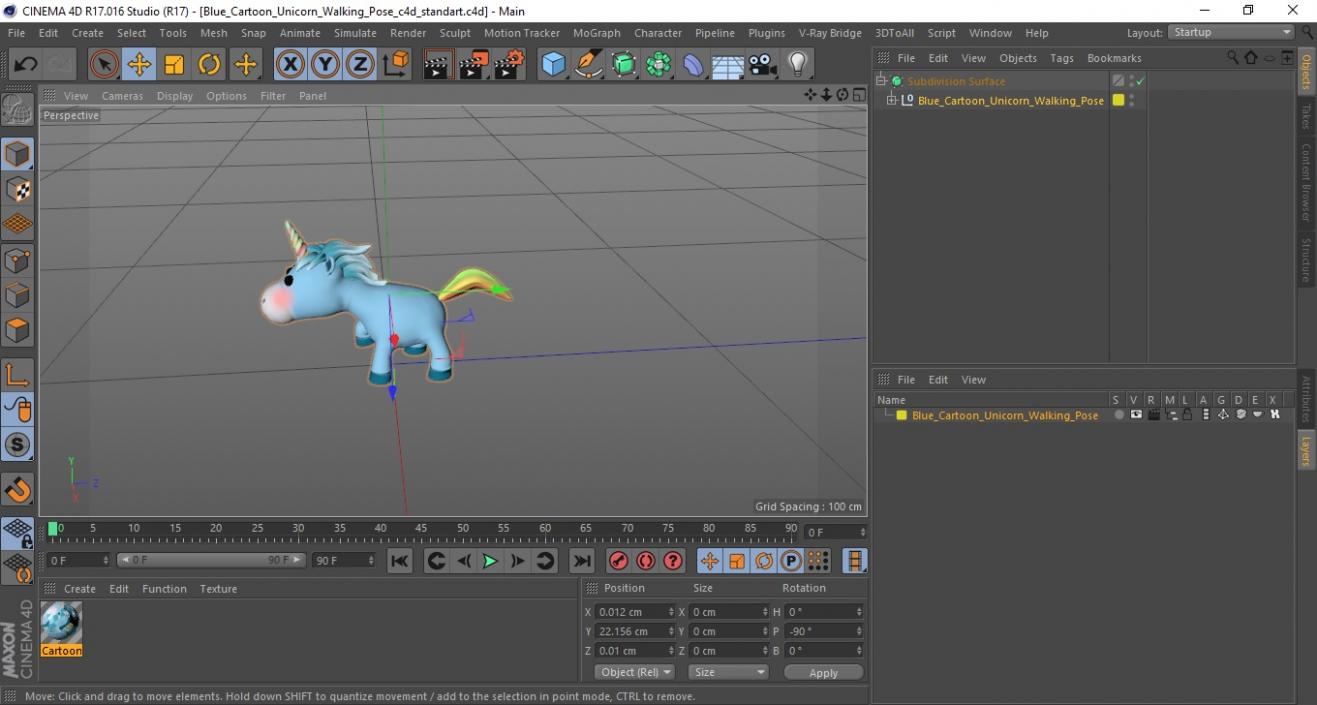 3D Blue Cartoon Unicorn Walking Pose model