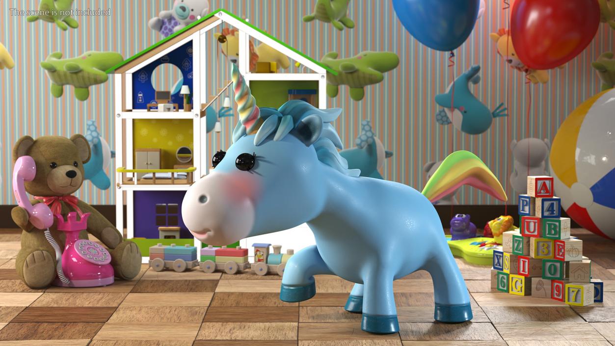 3D Blue Cartoon Unicorn Walking Pose model