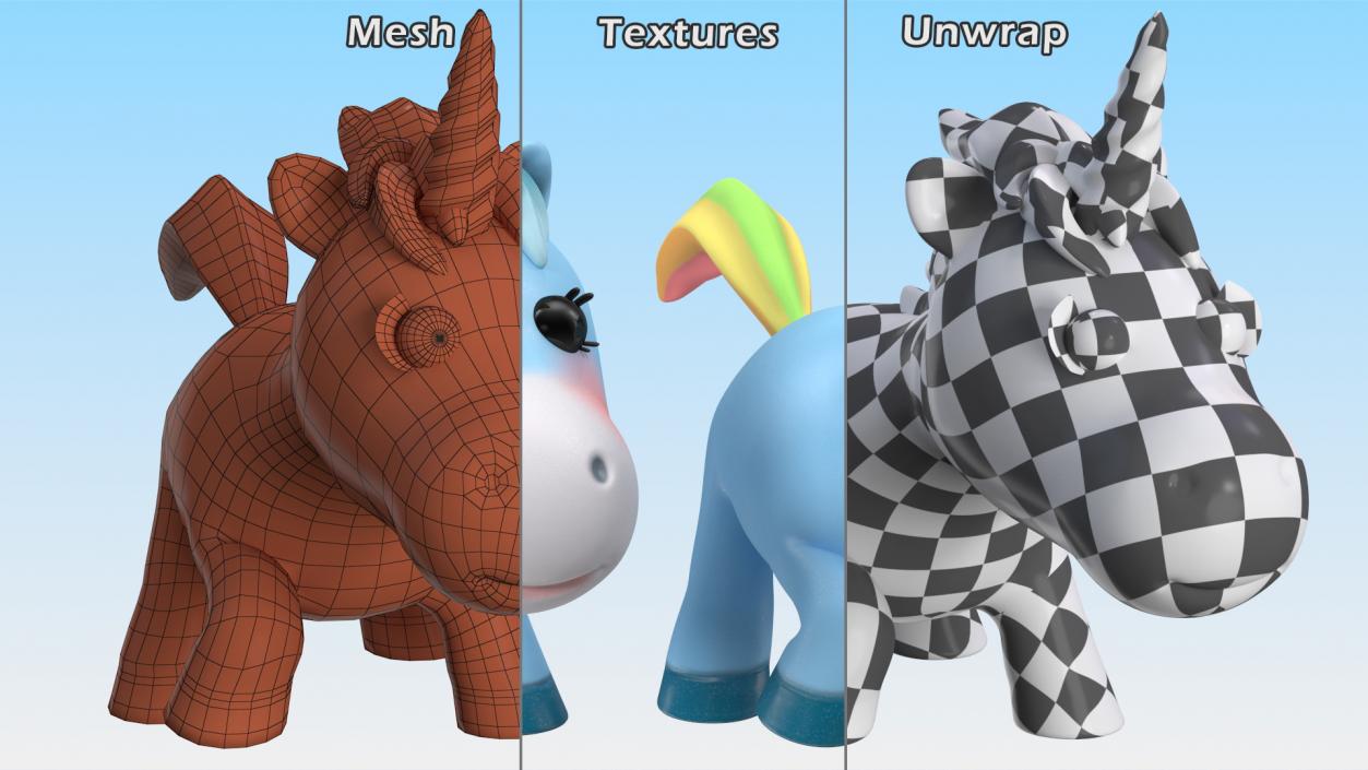 3D Blue Cartoon Unicorn Walking Pose model