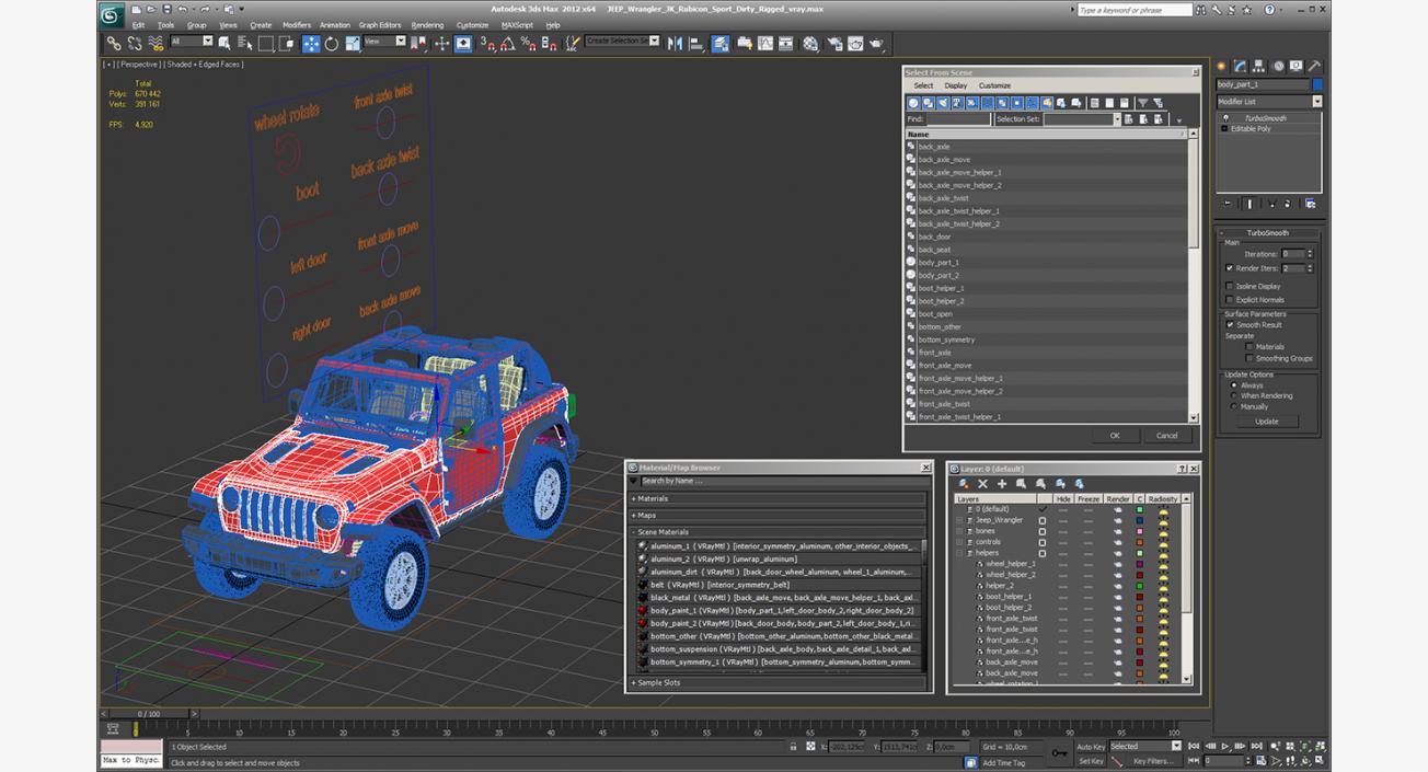 3D JEEP Wrangler JK Rubicon Sport Dirty Rigged model