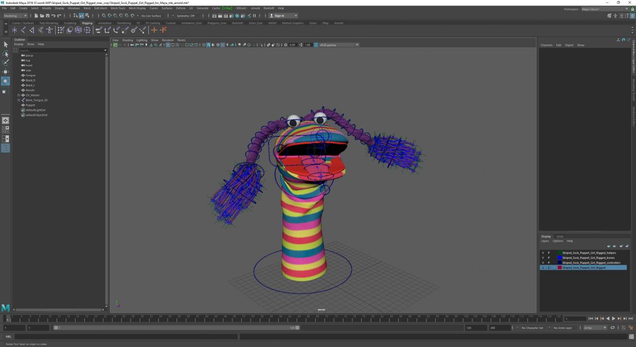 3D model Striped Sock Puppet Girl Rigged for Maya