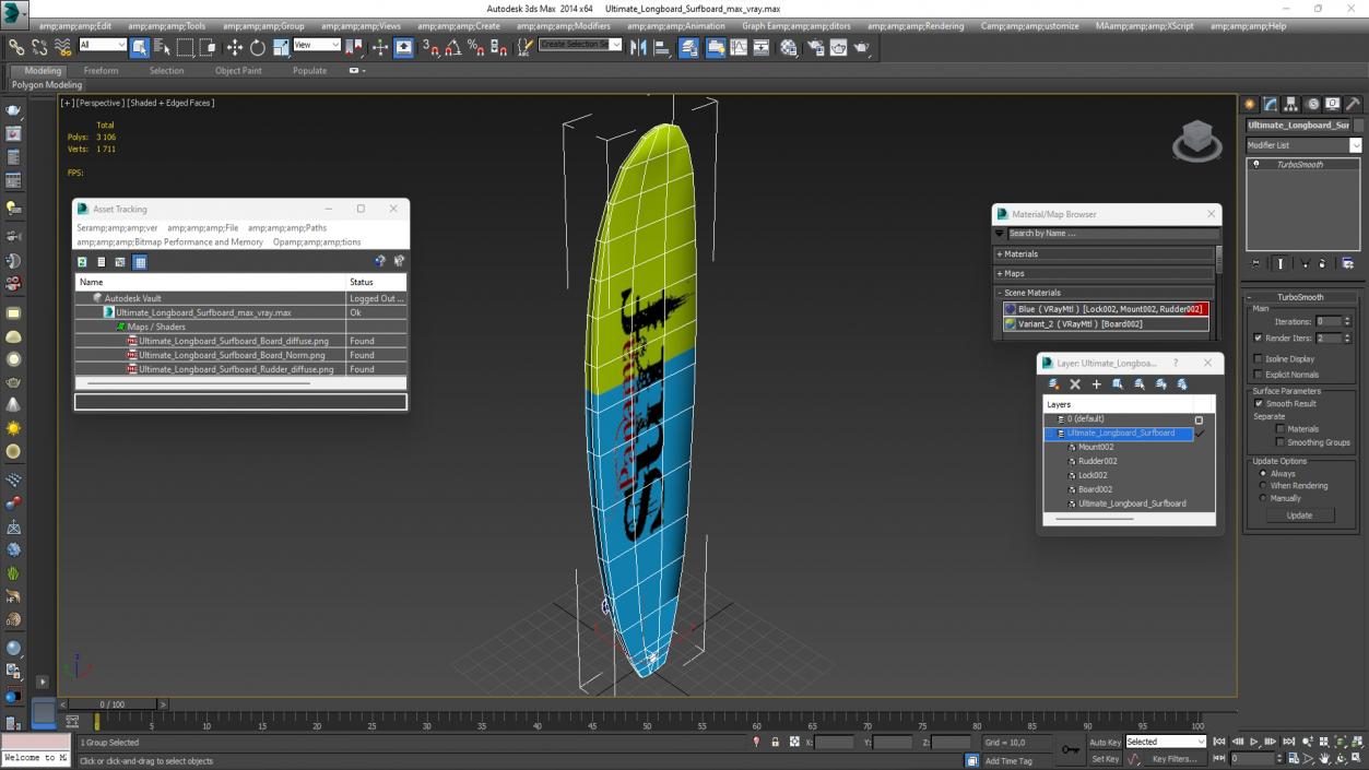 3D Ultimate Longboard Surfboard model