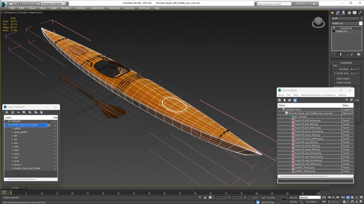 Wooden Kayak with Paddle 3D model