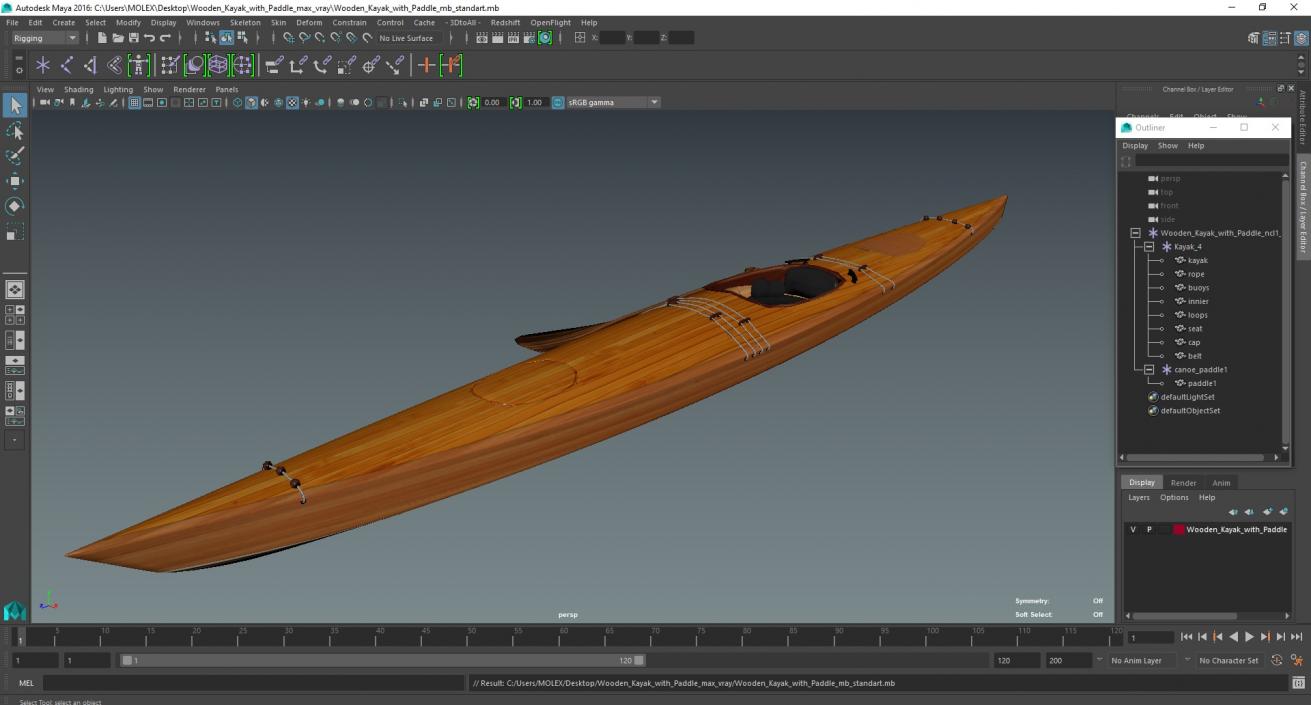 Wooden Kayak with Paddle 3D model