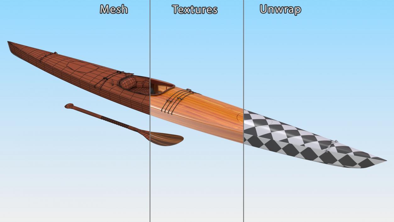 Wooden Kayak with Paddle 3D model