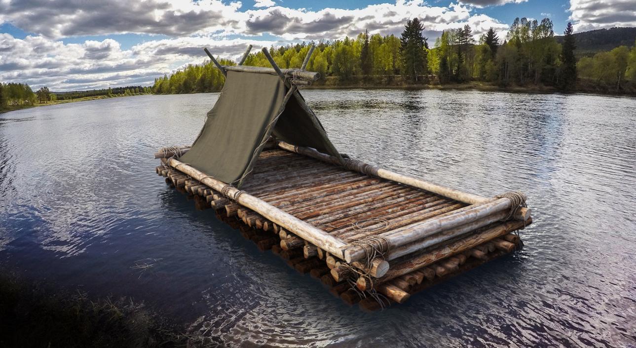 Wooden Log Raft with Hut 3D model