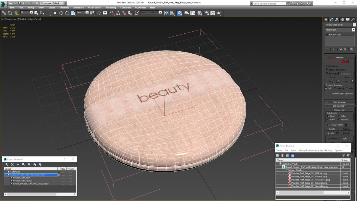 Round Powder Puff with Strap Beige 3D model